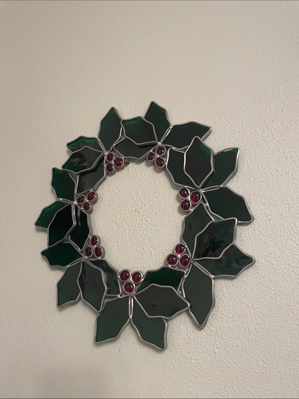 Christmas Stained Glass Handmade Holly Berry Wreath Sun-catcher Art Glass